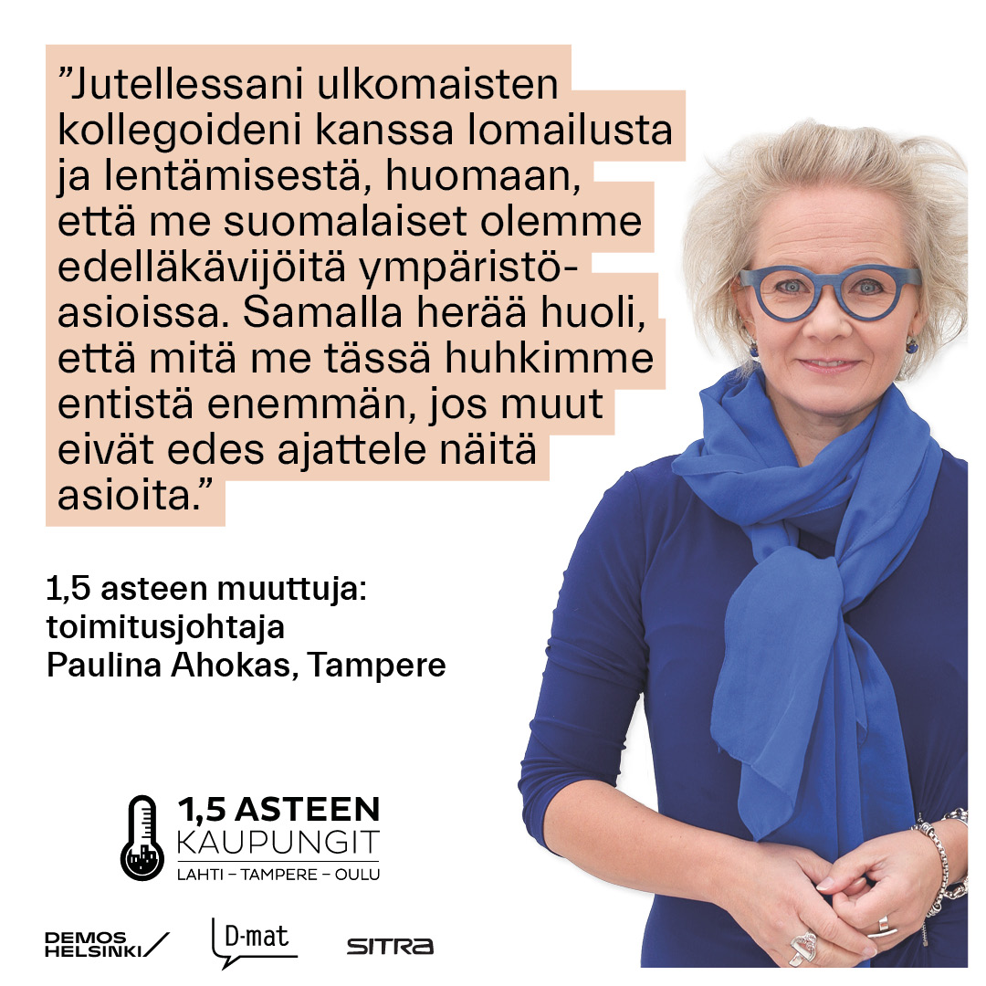 DemosHelsinki's tweet photo. “We Finns are pioneers in sustainability things. But how will things develop if others don't also do the same?" ponders @pahokas, CEO of @tamperetalo.

Read in Finnish how Paulina could reduce her carbon footprint from 6.4 to 3.9 tonnes: https://t.co/bNUTSs60pV
#OnePointFiveLife https://t.co/10e9gVteJK