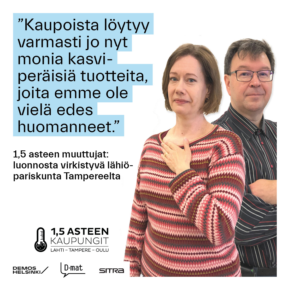 DemosHelsinki's tweet photo. “We’re sure there are many plant-based foods that we haven’t even noticed,” say Ari and Katja. Have you swapped to any plan-based foods?

Read in Finnish how Ari &amp; Katja could reduce their carbon footprint from 7.6 to 4.7 tonnes: https://t.co/bNUTSs60pV
#OnePointFiveLife https://t.co/d9MjWR0r9o