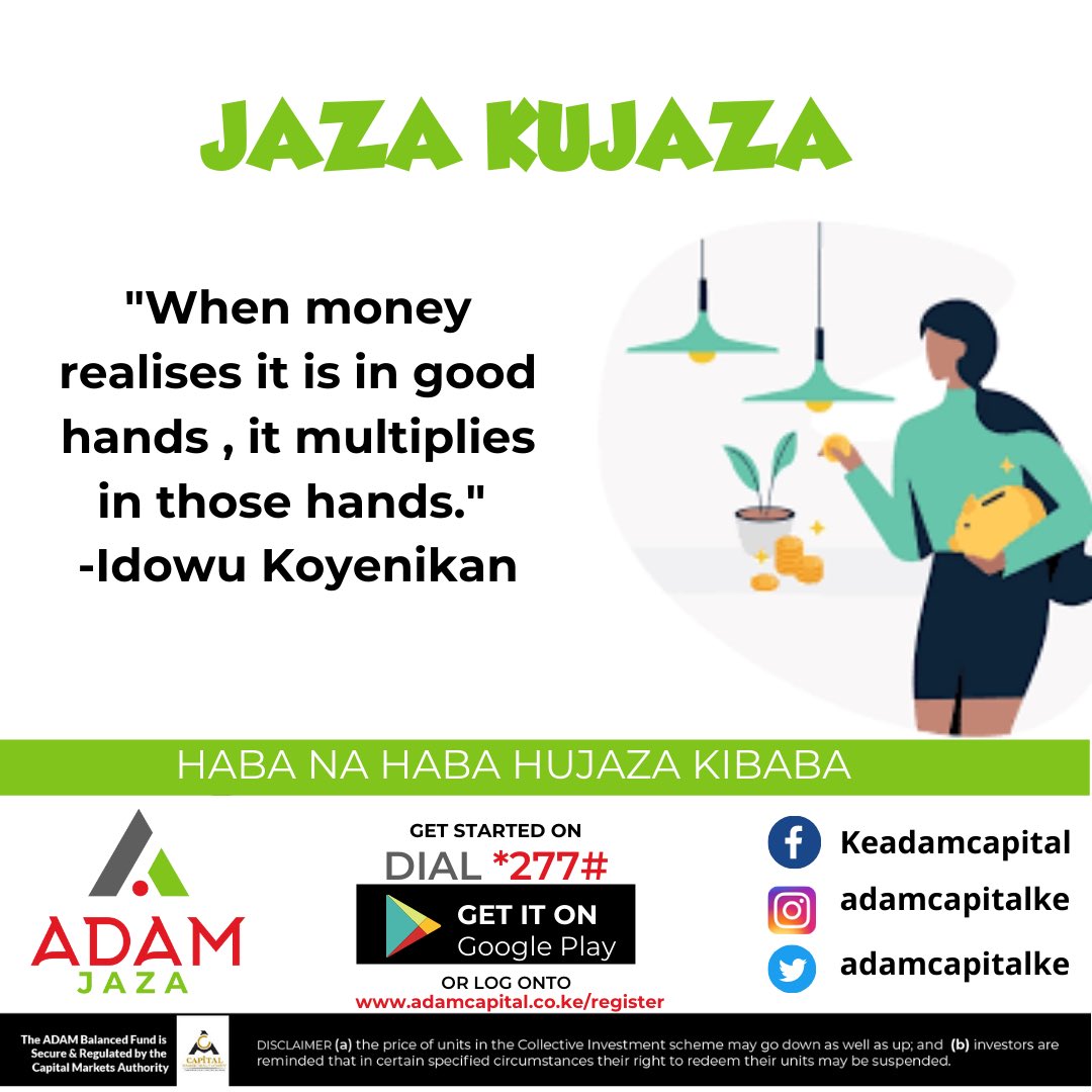 adamcapitalke's tweet photo. With ADAM your money is in good hands and it will multiply . Invest with ADAM and earn up to 8% p.a interest. Dial *277# to begin your investment journey or get the app on play store .
#WednesdayWisdom #moneyandinvestments #investmentkenya #financialfreedom #adamcapital #adamjaza https://t.co/HFQBXvg9w4
