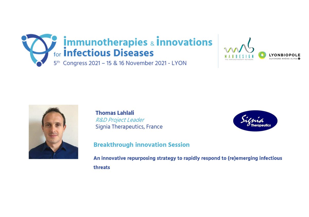 I4IDCongress's tweet photo. [#EVENT] Thomas Lahlali #SigniaTherapeutics will present "An innovative repurposing strategy to rapidly respond to (re)emerging infectious threats" during Breakthrough #innovation Session at #I4ID2021 #infectiousdiseases 
▶  Program &amp; registration: https://t.co/lbKlP80gz2 https://t.co/xHEEKLqJ70