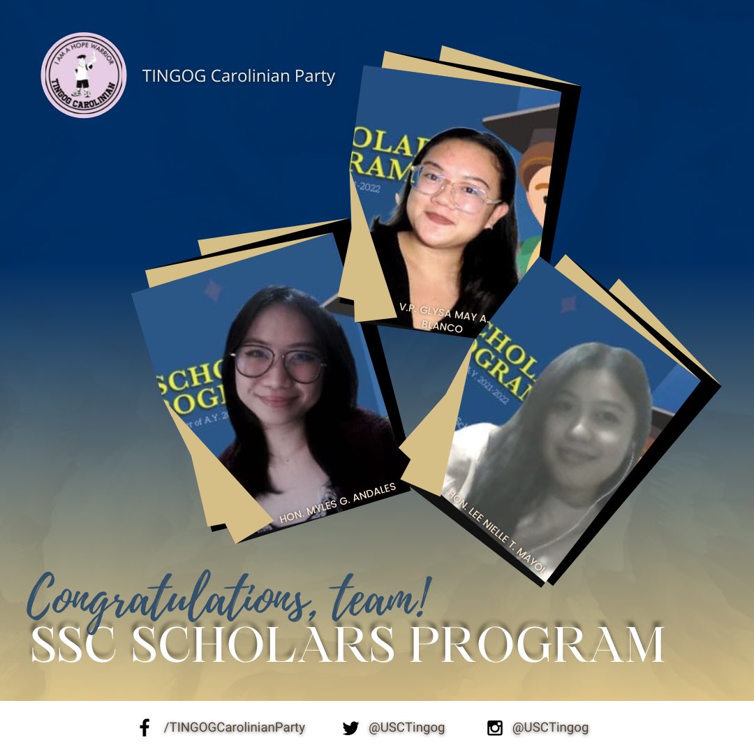 USCTingog's tweet photo. Congratulations to all 7 chosen scholars, the USC Supreme Student Council, especially the main proponents, Vice-President Glysa May Blanco, Councilors Lee Nielle Mayol and Myles Andales, for the third installment of the SSC Scholars Program! https://t.co/6uLDa7kIxN
