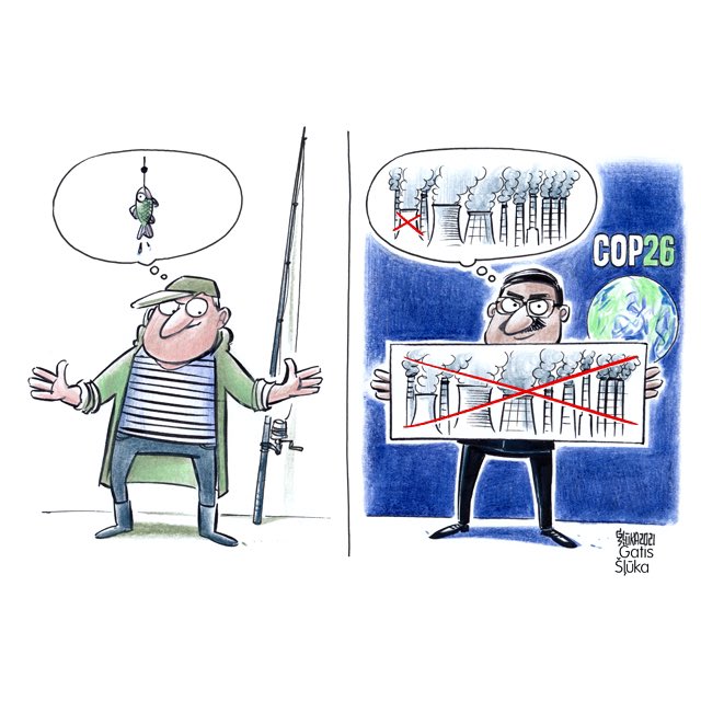 KarikaturaLv's tweet photo. Pasaules valstu līderi pulcējušies Glāzgovā ANO klimata konferencē (#COP26 ), lai atkal runātu par cīņu ar klimata pārmaiņām. Samita prioritāšu sarakstā ir saglabāt 2015. gadā ANO klimata konferencē Parīzē izvirzīto mērķi ierobežot globālo sasilšanu līdz 1,5 ℃. @LatvijasAvize https://t.co/oJV1HFj9HA