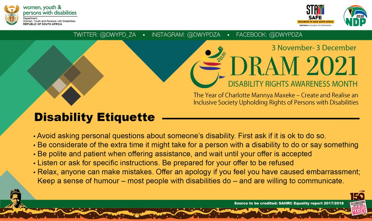 Today marks the start of Disability Month (DRAM) 2021 under the theme: The Year of Charlotte Mannya Maxeke – Create and Realise an Inclusive Society Upholding Rights of Persons with Disabilities.
#DisabilityInclusionSA