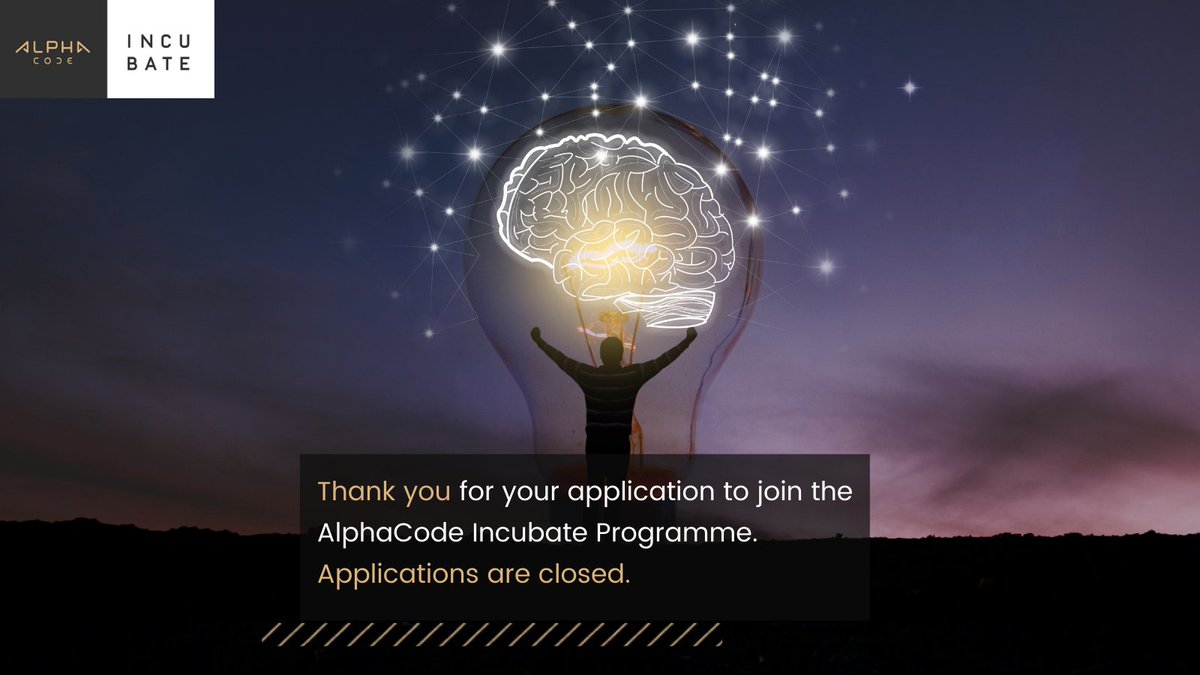 THANK YOU to everyone who took the time to apply to our AlphaCode Incubate Programme for cohort 2022. We received an incredible 148 applications. 

We will announce the Top 8 on 30 November so watch this space. All the best!