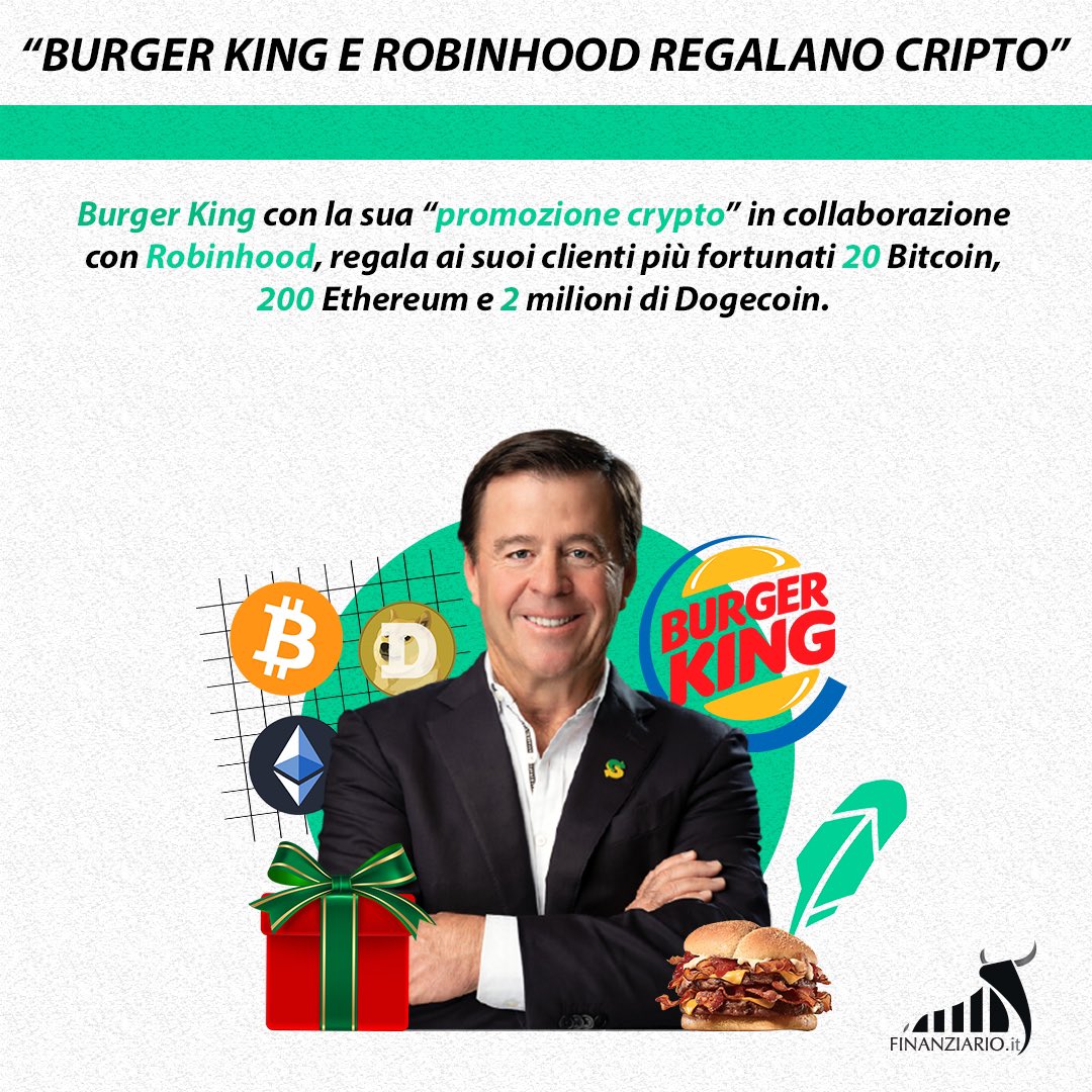 Finanziarioit's tweet photo. Burger King e Robinhood regalo cripto
⏳
Burger King con la sua “promozione crypto” in collaborazione con Robinhood, regala ai suoi clienti più fortunati 20 Bitcoin, 200 Ethereum e 2 milioni di Dogecoin.
#BurgerKing #bitcoin https://t.co/oQomN2PTtZ