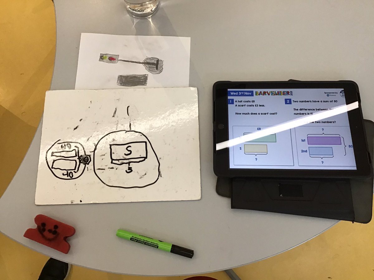 JMcDermidRad's tweet photo. Today we had a go at @WhiteRoseMaths #Barvember2021 challenge. We worked independently to solve question 1, but used our teamwork skills to solve question 2. @ReptonADMaths #barmodel #problemsolving https://t.co/r5iDGTeGvc