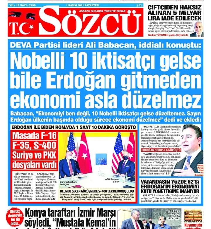 kurtcemdeniz's tweet photo. Yeni gördüm bunu.. Muhalif Sözcü Gazetesi, 14 yıl ekonomiyi yönetmiş AKP'li eski Bakan Ali Babacan'ı manşete taşıyarak ekonomi eleştirisi yapmış. Gerçekten trajikomik bir durum. https://t.co/Jl2IKK30BY