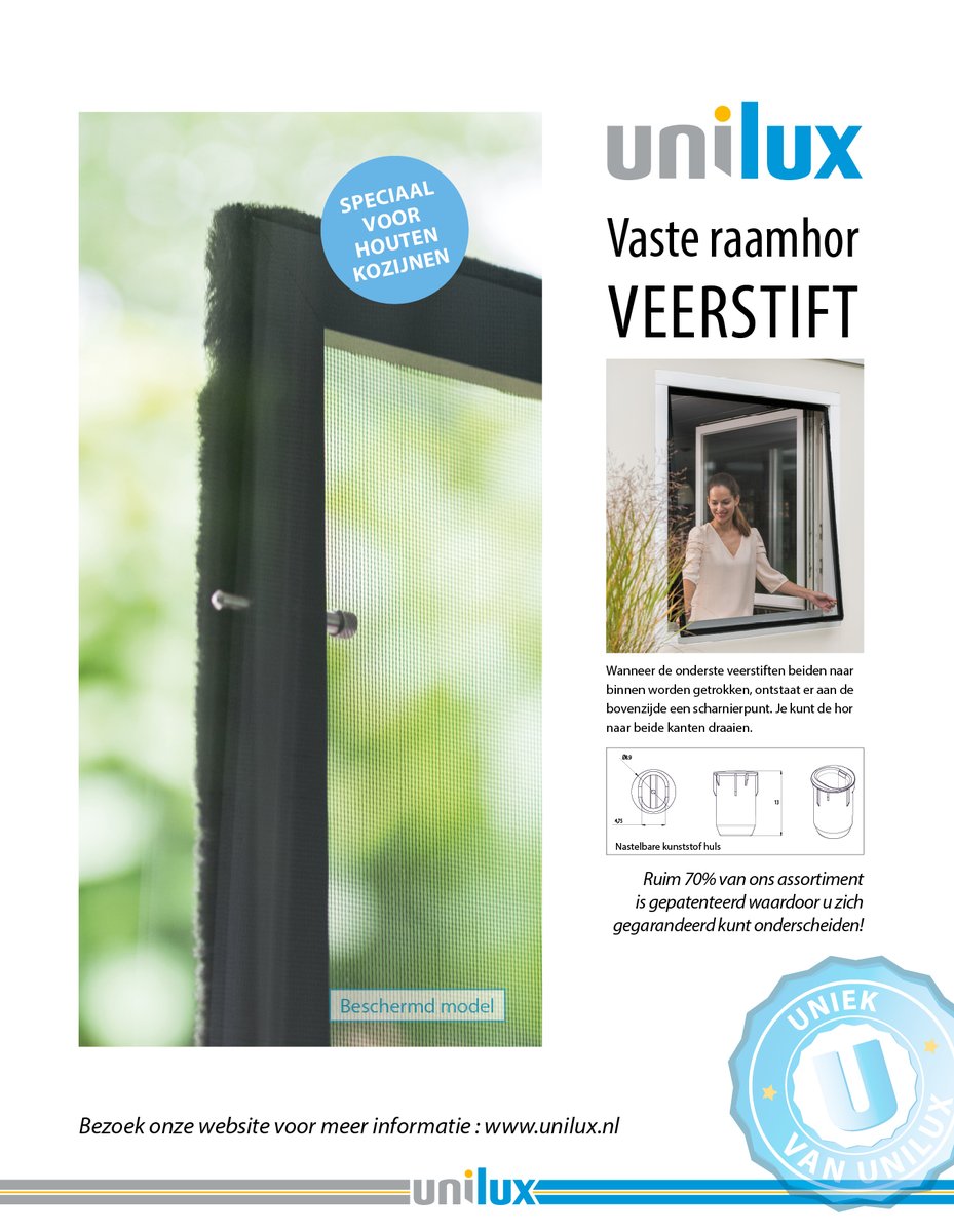 Unilux toppers in de spotlights! Dit keer: De Veerstifthor. Wanneer de onderste veerstiften beiden naar binnen worden getrokken, ontstaat er aan de bovenzijde een scharnierpunt. Je kunt de hor naar beide kanten draaien. #uniluxhorren #insectenwering #horrenspecialist #innovation