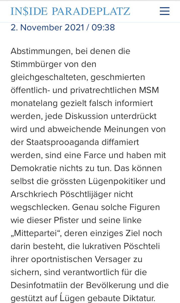 sigisippe's tweet photo. Guten Morgen Herr @gerhardpfister
Leider haben Sie mich seit längerem geblockt (wie undemokratisch, dabei habe ich mich nie im Ton vergriffen), möchte aber trotzdem den Kommentar mit den meisten Likes des gestrigen #InsideParadeplatz Artikels mit Ihnen teilen. 👋 https://t.co/5VrwOF8Ts0