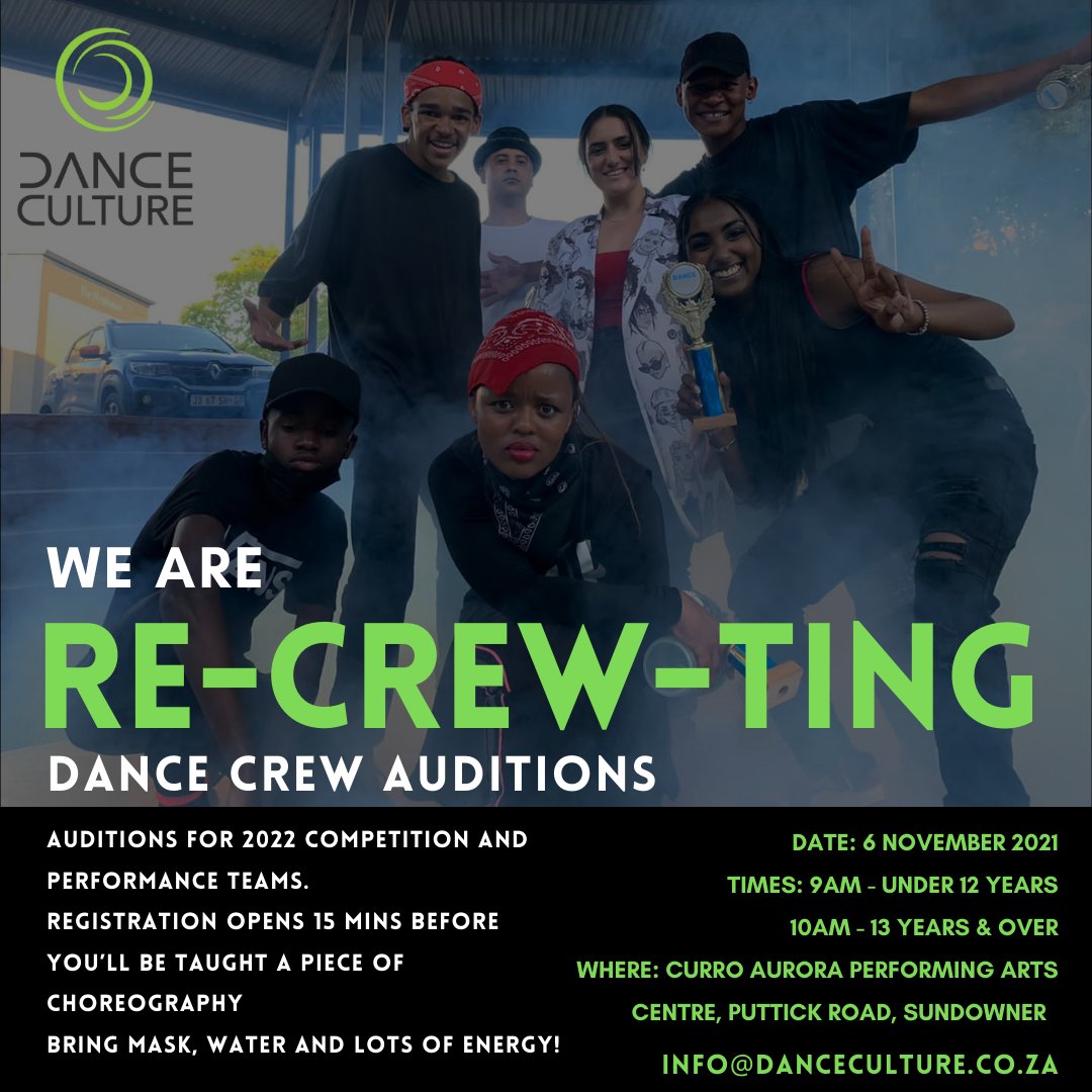 DanceCultureS's tweet photo. Hip Hop & Street Dance Crew Auditions happening this Saturday 6 November 2021. Come through! - https://t.co/NKe9BrlRT4
#dancesa #southafricandance #streetdancecrew #hiphopcrew #dancesouthafrica #dance #hiphopdance #streetdance #hiphop #auditions #recruiting #recruitment https://t.co/0sRY2sRKUt