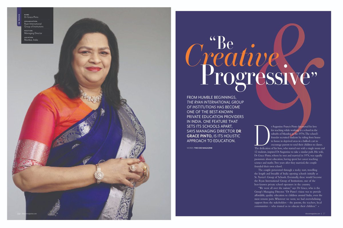 RyanIntlGrp's tweet photo. The journey of @RyanIntlGrp that began with humble beginnings and their vision to provide quality education with dedication and continuous efforts of our Managing Director Madam (Dr.) Grace Pinto is featured in this recent article of the CEO Magazine. #ceomagazine #RyanGroup https://t.co/xqLJ8PfjJ9