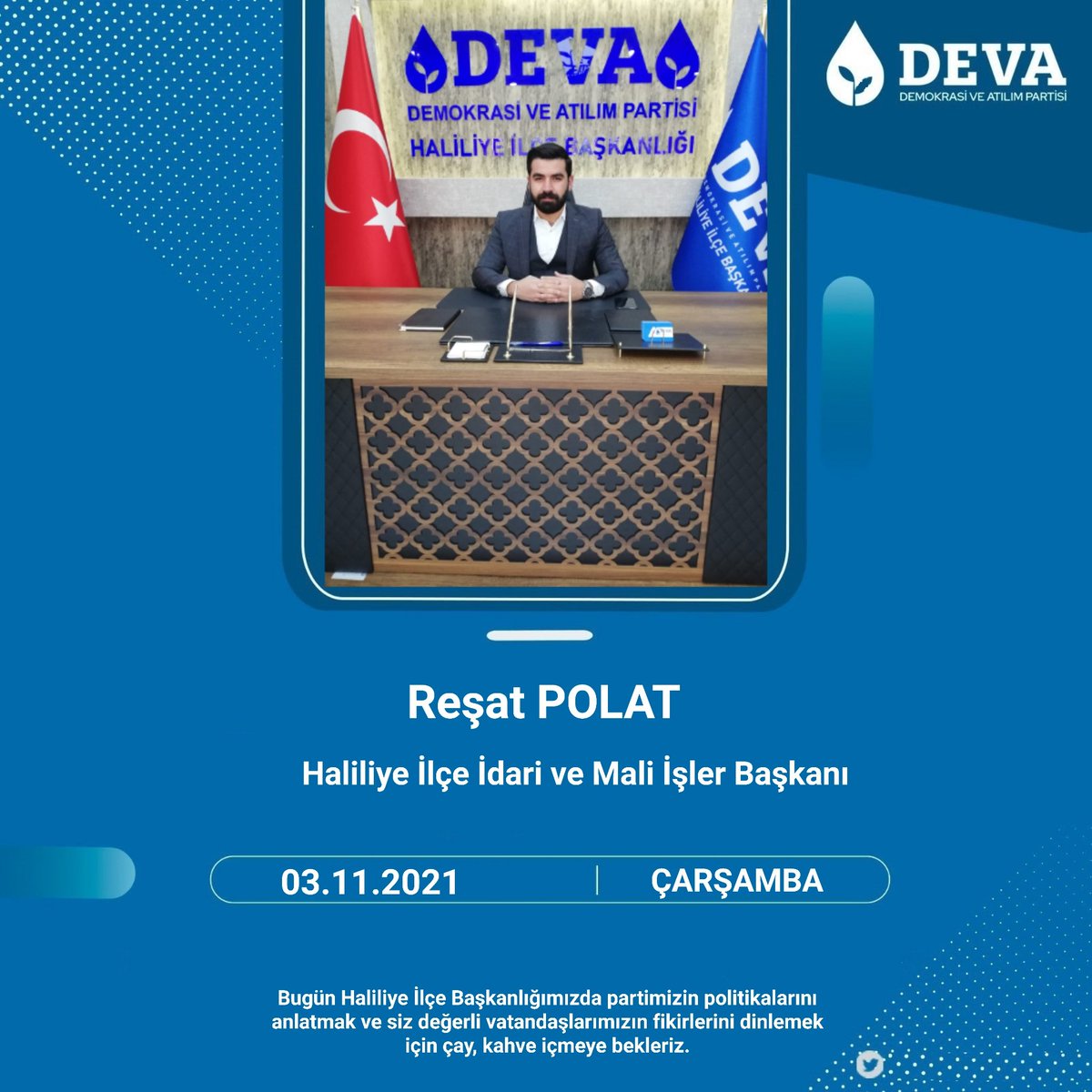 Bugün sizleri ilçe binamızda başkan yardımcılarımızdan @resatpolatdeva karşılayacak.💧
<a href="/erginsadullah/">Sadullah Ergin</a> <a href="/emin_ekmen/">Mehmet Emin Ekmen</a> <a href="/ikramDincer/">İkram Dinçer</a> <a href="/A_Karakecili/">Abdulhamid Karakeçili</a>