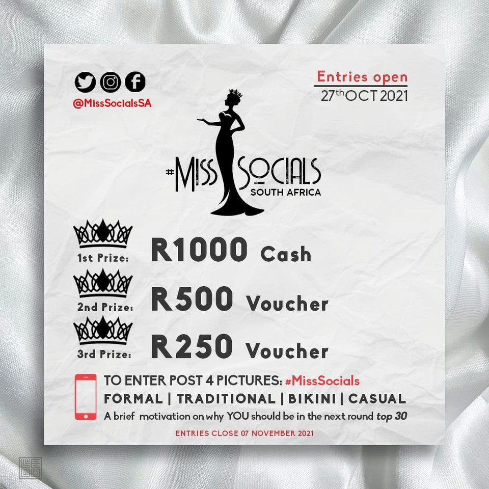 Just post 4 pictures with 4 different outfits: Formal, traditional/gym wear, casual and a bikini.
Then stand a change to win some amazing crazy prizes and don't forget to tag <a href="/MissSocialsSA/">Miss Socials SA</a>
#MissSocialsSA