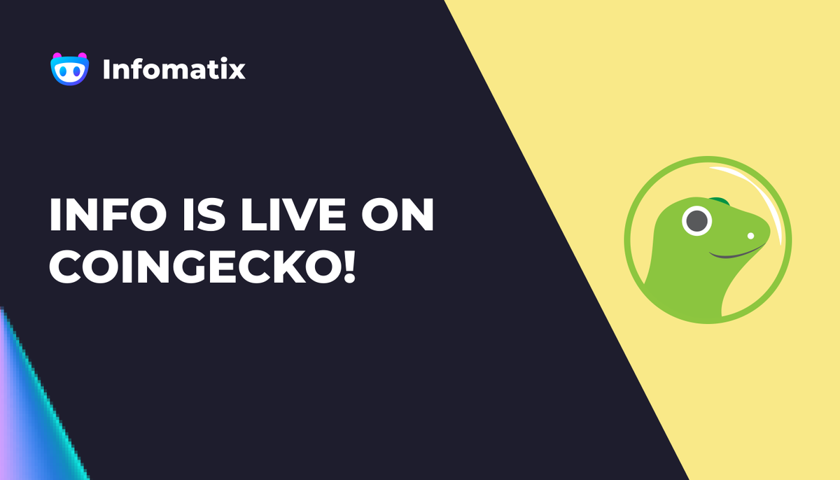 Infomatix_io's tweet photo. $INFO is now officially available on CoinGecko! 🔥

You can now track live market data about $INFO on @coingecko 🙌

🌐https://t.co/xamSA6ts5D

Stay tuned for more! 🚀

#Infomatix $INFO #Coingecko https://t.co/V3XfqgEdDP