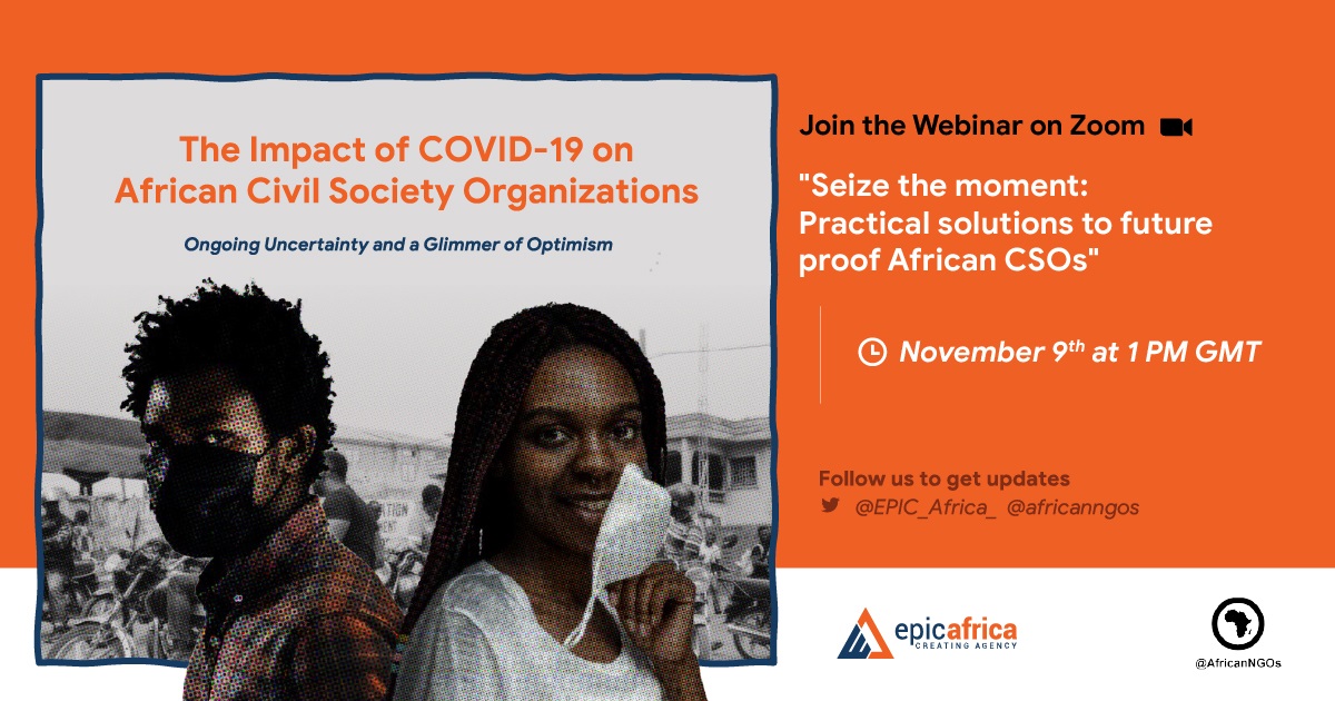 africanngos's tweet photo. Join @EPIC_Africa_ &amp; @AfricanNGOs on 9 November 2021 (13h00 GMT / 15h00 SAST) to discuss our latest report on "The Impact of COVID-19 on African Civil Society Organizations", and the solutions required for addressing the challenges facing African CSOs https://t.co/26E1NXgywD https://t.co/88uZnAcJGA
