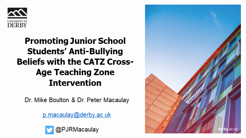 PJRMacaulay's tweet photo. Now giving my talk on Promoting Junior School Students’ Anti-Bullying Beliefs with the Cross-Age Teaching Zone Intervention at @wabforum @ProfMikeBoulton @DerbyUniPsych @DerbyUniPress #Bullying #Intervention https://t.co/OM6vFwcn3s