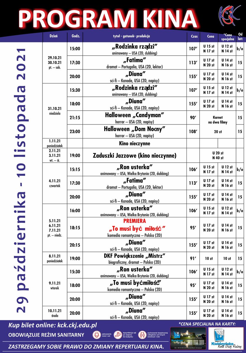 🎬 Repertuar kina od 29 października do 10 listopada 2021 r.
➡️ kck-kwidzyn.vectorsoft.pl/MSI/mvc/pl
Zapowiedzi:
"Pitbull" od 12 listopada
"Dziewczyny z Dubaju" od 26 listopada