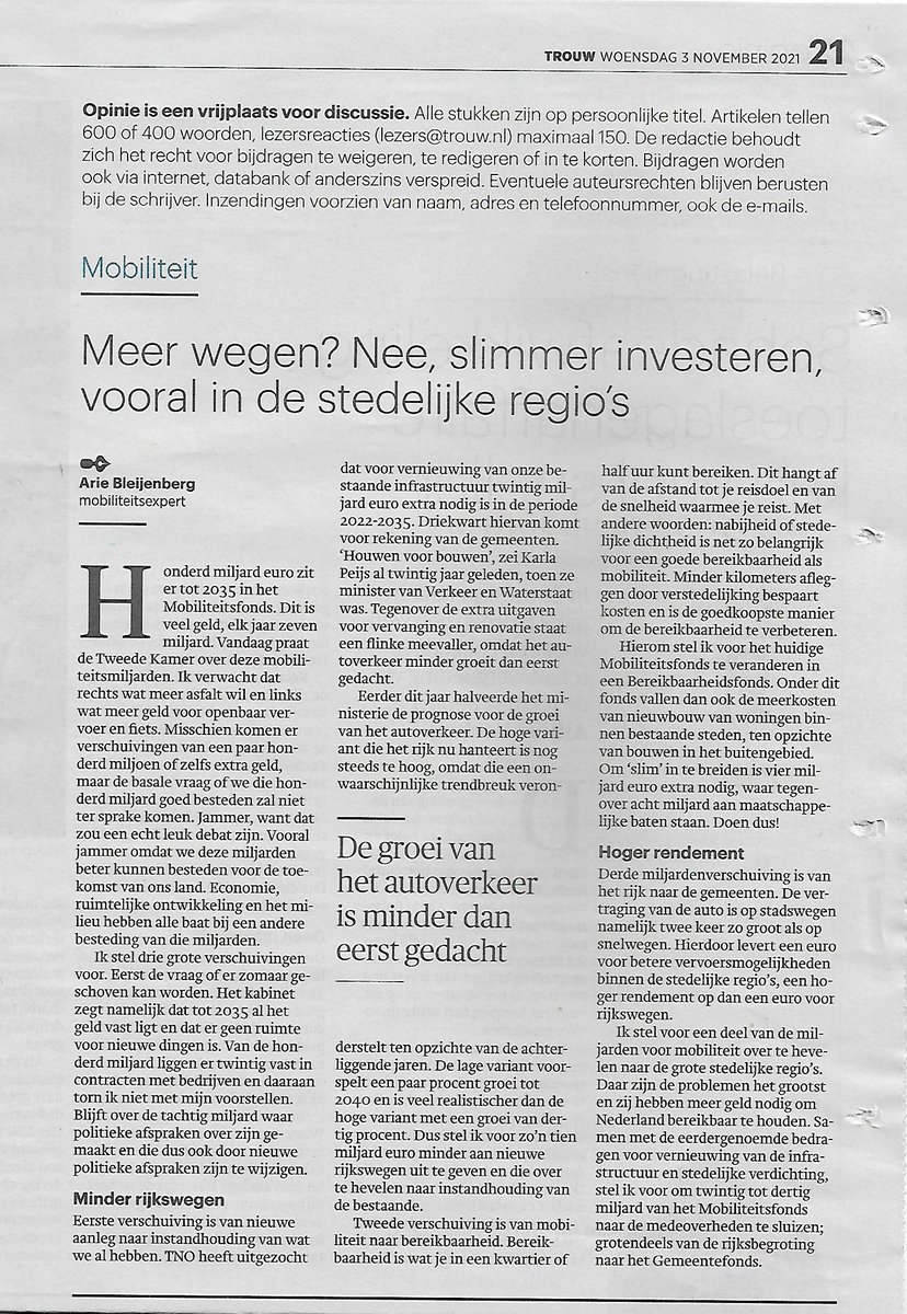 Vandaag in <a href="/trouw/">Trouw</a> mijn drie voorstellen om miljarden te verschuiven in het Mobiliteitsfonds. Vandaag ook in de Tweede Kamer. trouw.nl/opinie/meer-we…