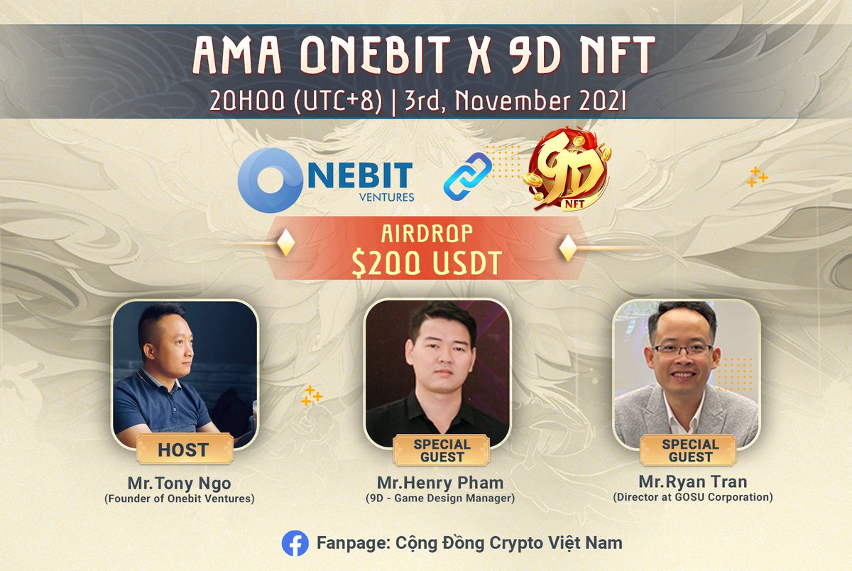 #AMA - #9DNFT x <a href="/onebit_ventures/">Onebit Ventures</a>
📌 Join us at 8:00 PM (UTC+8), November 3rd.
🎁 Reward: 200 USDT for 10 best questions (20 USDT for each) 5 questions selected from the form and 5 questions in the live chat.