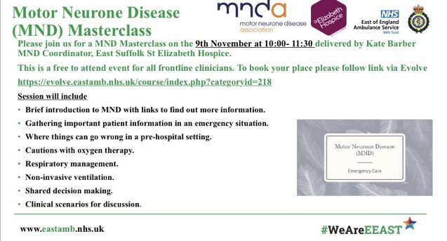 Not long now to the MND masterclass for <a href="/EastEnglandAmb/">EEAST Ambulance Service</a> clinicians. It’s free to attend, sign up now! <a href="/iampaulgates/">Paul Gates</a> <a href="/JulietBeal/">#HelloMyNameIsJuliet</a> <a href="/EEAST_Clinical/">Lewis Andrews</a> @EEAST_IPSDLOs @HeyTomAbell <a href="/EEAST_AWE/">EEAST AWE</a> <a href="/EEAST_UrgCare/">EEAST Primary & Urgent Care</a> <a href="/EEAST_ACL/">Clinical Leads</a> @EEAST_EOCs @EEAST_BME <a href="/EEAST_DSN/">EEAST_DisabilitySupportNetwork (DSN)</a> <a href="/Legodanso/">Tanoh Asamoah-Danso</a> @EEAST_Chair #MND