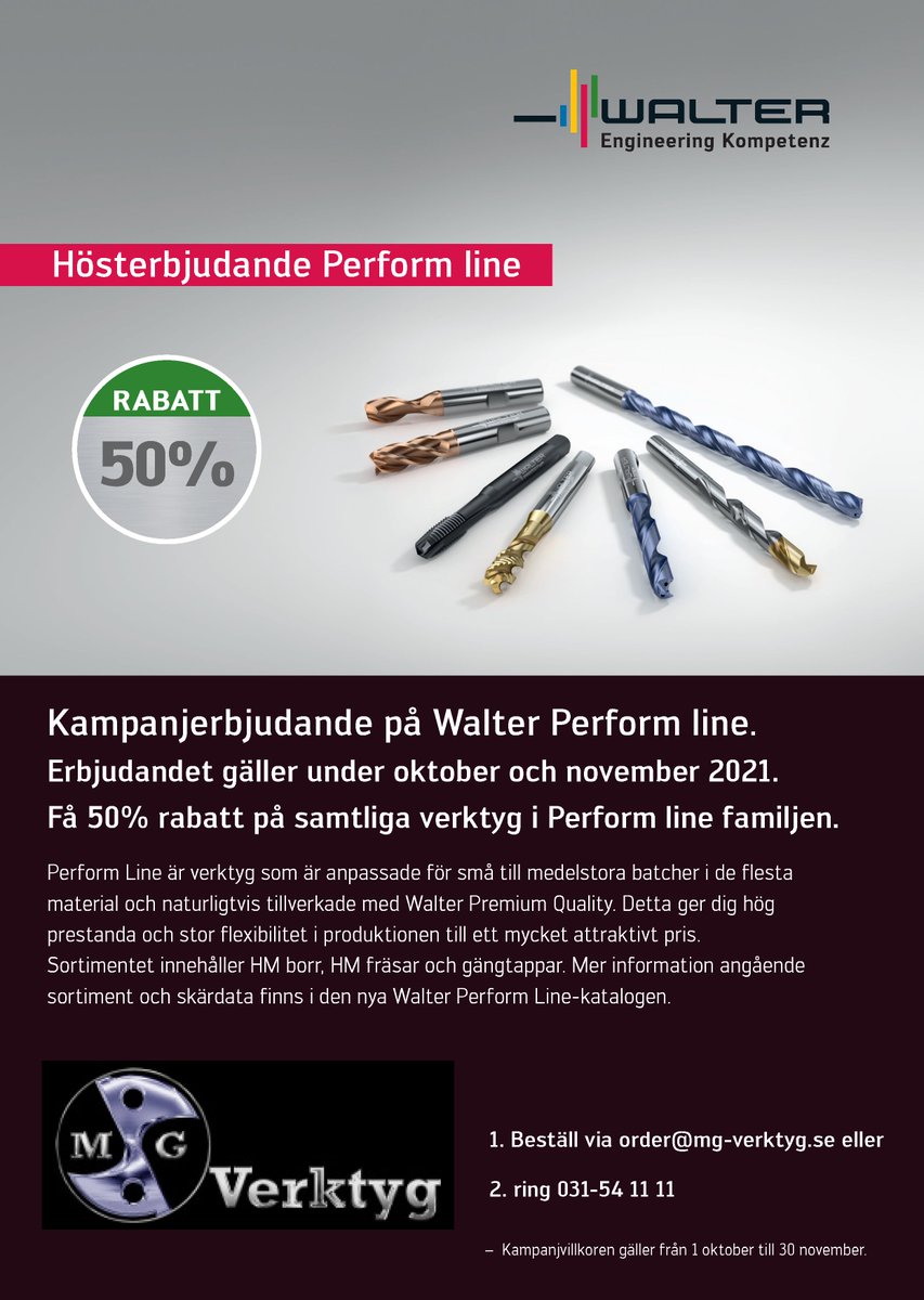 MGVerktyg's tweet photo. 🔥En månad kvar på Walter Tools Perform Line kampanj där ni får 50% rabatt på samtliga verktyg i Perform Line familjen.🔥
✅HM borr
✅HM fräsar
✅gängtappar
👇Läs mer nedan!👇
https://t.co/JwolLrKI64
#mgverktyg #waltertools #performline #kampanj https://t.co/fTgPBByTBx