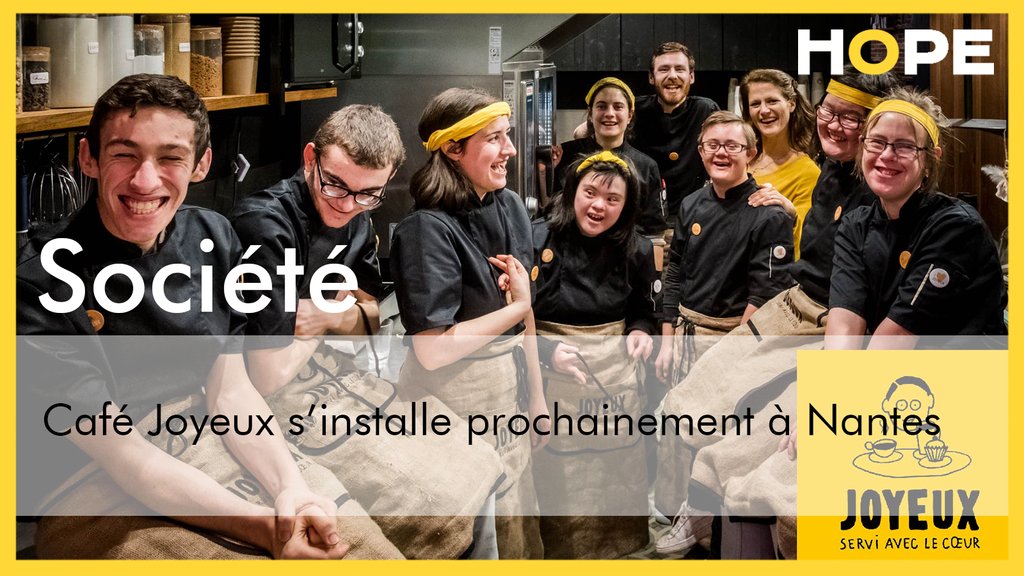 HopeNewsFR's tweet photo. @cafejoyeux s'installe prochainement à Nantes ! Café Joyeux est un café-restaurant qui forme et emploie des serveurs et cuisiniers porteurs d'un handicap mental ou cognitif. Une belle preuve d'inclusion ! ☕🥧
#societe #handicap #inclusion #goodnews #hope #hopenews https://t.co/JwFLLvnxUw