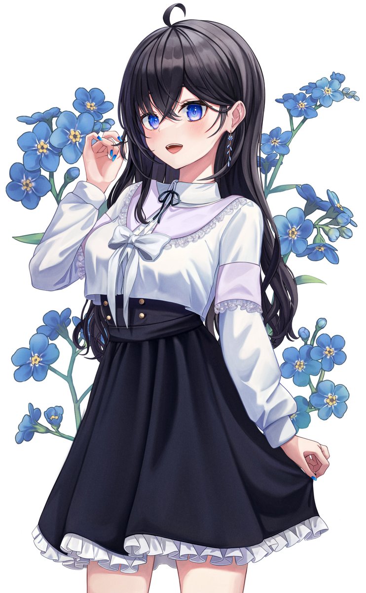1girl solo blue eyes black hair skirt long hair flower  illustration images