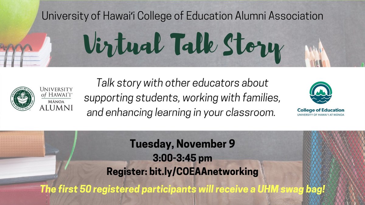 KristenBrummel's tweet photo. Calling @uhmanoacoe alumni!! Let's connect &amp; talk story on 11/9 about ed topics that impact you &amp; your students. UH swag bags will be given to the first 50 registered participants so don't delay! https://t.co/pp3EILnq2h
Tag a fellow alum you'd like to join! https://t.co/ANfemir463