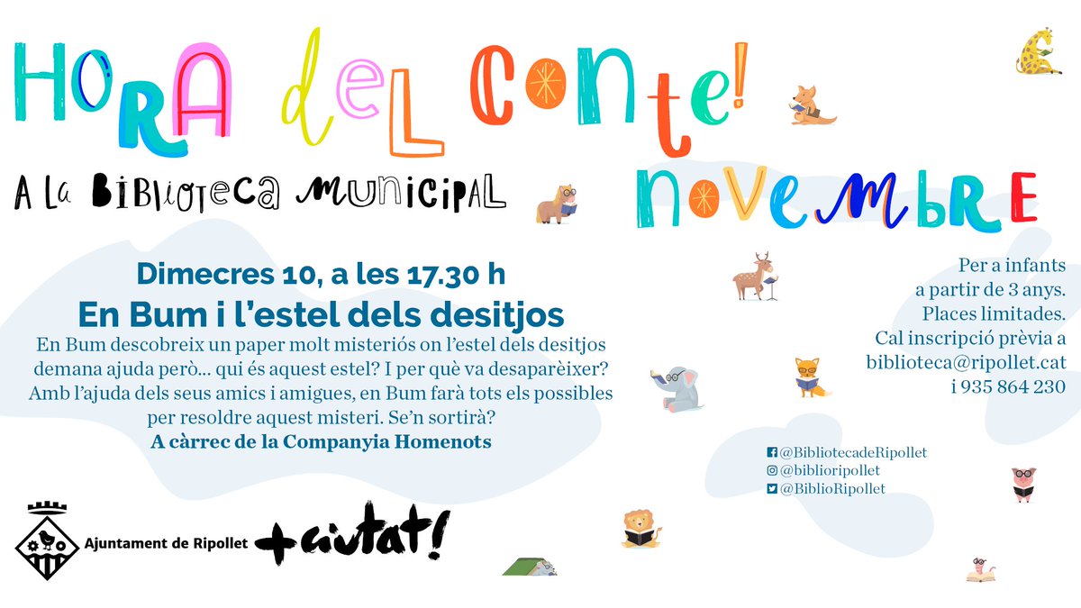 En Bum té un misteri entre mans, l'estel dels desitjos💫 a desaparegut. L'ajudeu? #Horadelconte a càrrec de @CiaHomenots .

📅Dimecres 10 de novembre a les 17.30 h.
👫Per a infants de 4 a 8 anys.
📝Cal inscripció prèvia.