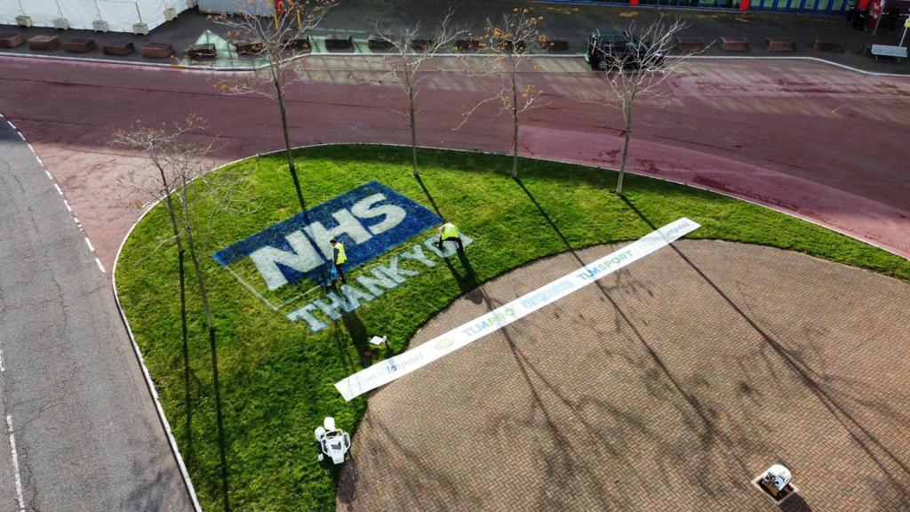 Welcome to @GMA_SALTEX 2021!

We've had our TinyLineMarker outside the NEC creating these designs as you enter.

Come over to Stand G060 for a free tea or coffee &amp; talk to us about our inventive solutions for turf problems. We'll be here for the next couple of days ☕ #SALTEX21