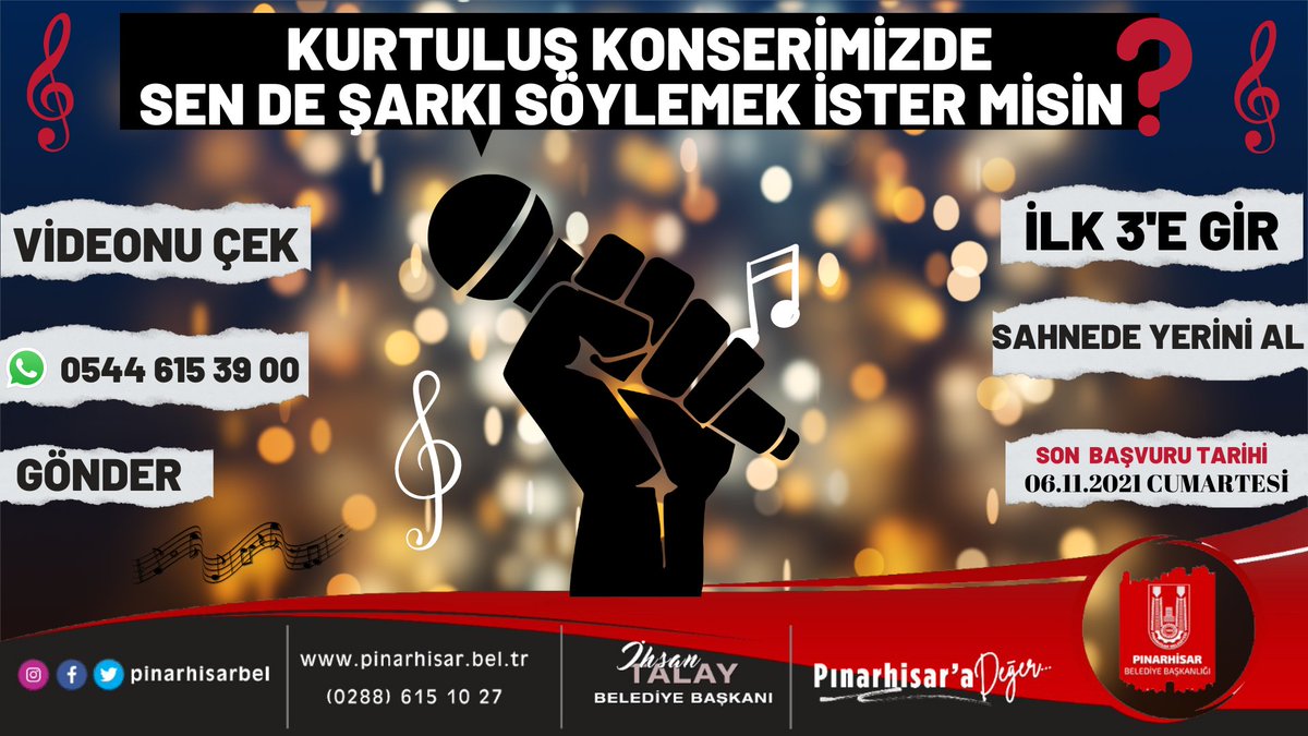 ihsan_talay's tweet photo. Kurtuluş Konserimizde Sen de Şarkı #Söylemek ister misin?
Cevabın Evet ise.
📌#Videonu Çek.
📌WhatsApp İhbar hattımızdan bize gönder
(0544 615 39 00)
📌İlk 3'e gir.
Kurtuluş Konserimizde sen de #sahnede yerini al.
Son Başvuru Tarihi: 06/11/2021 Cumartesi. https://t.co/zFQ3cQ44Dh