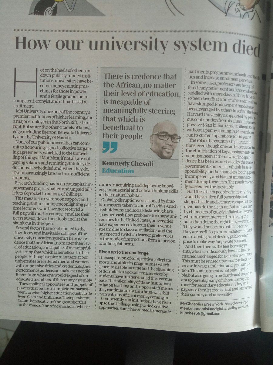 ChemjorBello's tweet photo. @Kenchesoli Great piece there on the Nation newspaper. 
Additionally, government's decision to divert funding from public to private Universities plunged an already bad situation. https://t.co/fObCfkSRrr