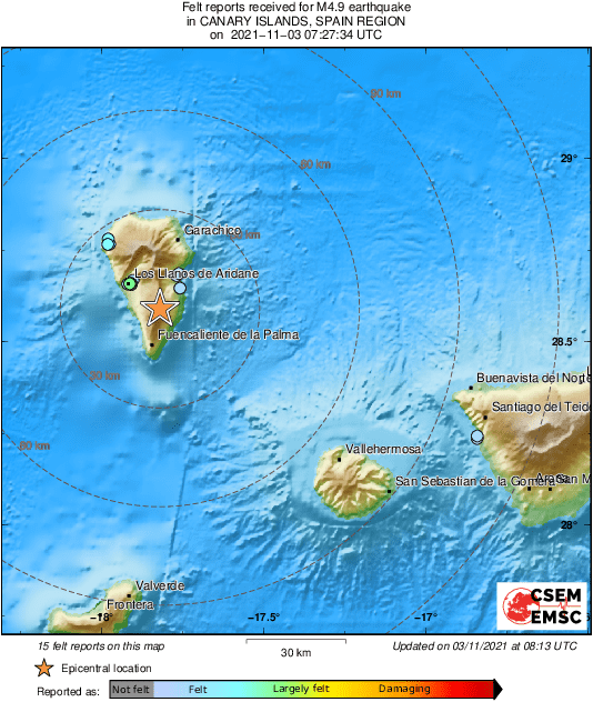 LastQuake's tweet photo. Map of felt reports received so far following the #earthquake M4.9 in Canary Islands, Spain Region 46 min ago https://t.co/JX9A6Tx53G