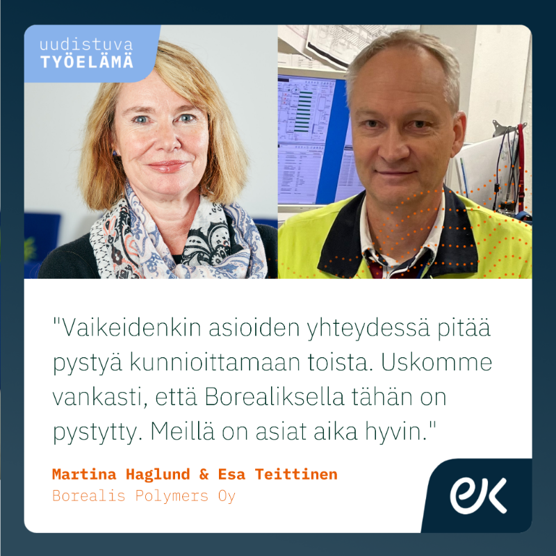 Elinkeinoelama's tweet photo. "Luottamus syntyy arvostamisesta ja asioista keskustelemalla."

Borealis Polymersin ensimmäinen paikallinen sopimus tehtiin jo vuonna 1986. Kaiken perusta on keskinäinen luottamus.

Lue #UudistuvaTyöelämä -haastattelu 👇 @Kemianteollisuu
