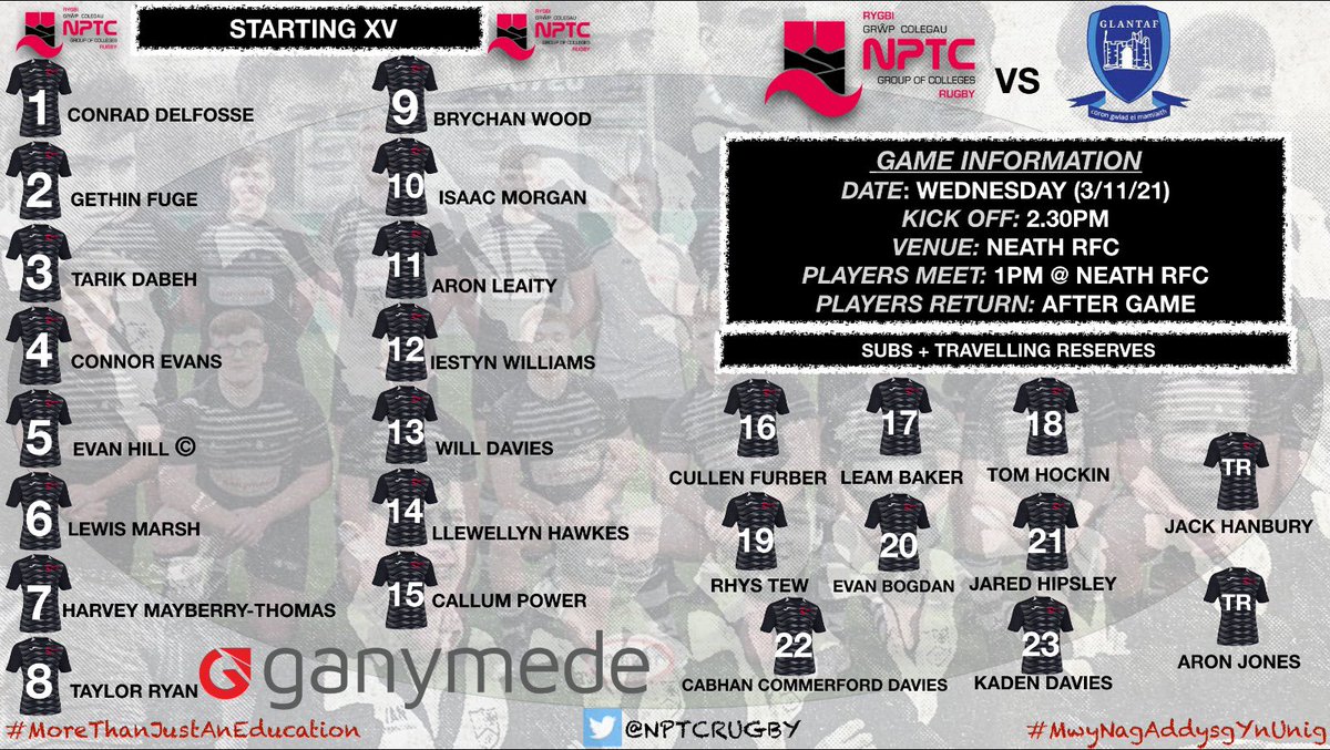 NPTCRugby's tweet photo. 📣 🅂🅀🅄🄰🄳 ANNOUNCEMENT 📣

Please see below the 1st team squad to play @RygbiGlantaf this afternoon👇🙌

📍 @neathrfc 
⏰ 2.30pm KO

#MoreThanJustAnEducation
#MwyNagAddysgYnUnig https://t.co/U3gZQ497r8