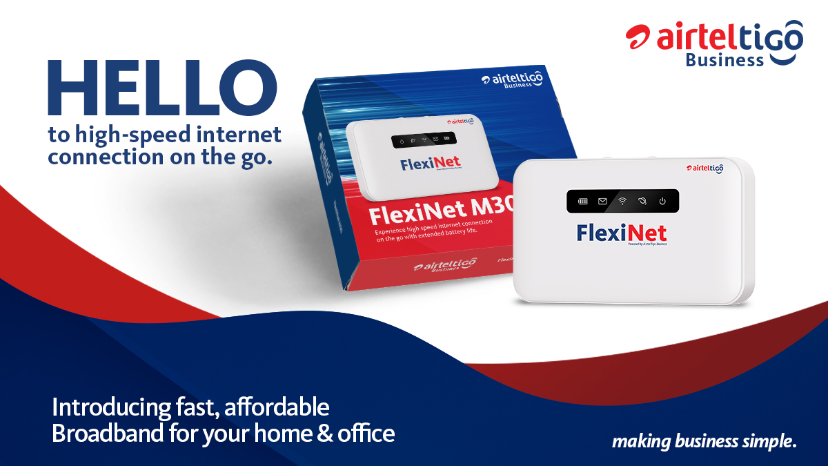 theatghana's tweet photo. Experience high-speed internet with the #FlexiNet MiFi.
This MiFi comes with an in-built battery plus 10GB free #AirtelTigo data at GH₵ 285 only.
Call 0577555000 to grab yours now! #LifeIsSimple #AirtelTigoBusiness https://t.co/8HiS9yiNfT