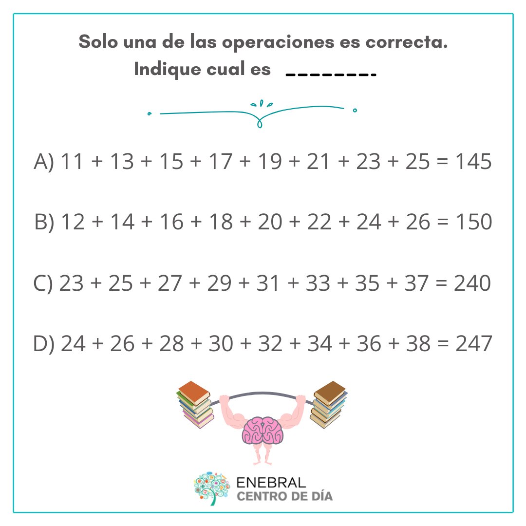 ElEnebral's tweet photo. En el ejercicio de hoy, presentamos una serie de operaciones (sumas), de las cuales una de ellas está bien y las otras no.

Dinos, ¿Cuál de las opciones es la correcta?

📩 info@enebralcentrodedia.com

#estimulacioncognitiva https://t.co/wId9HSAkPa
