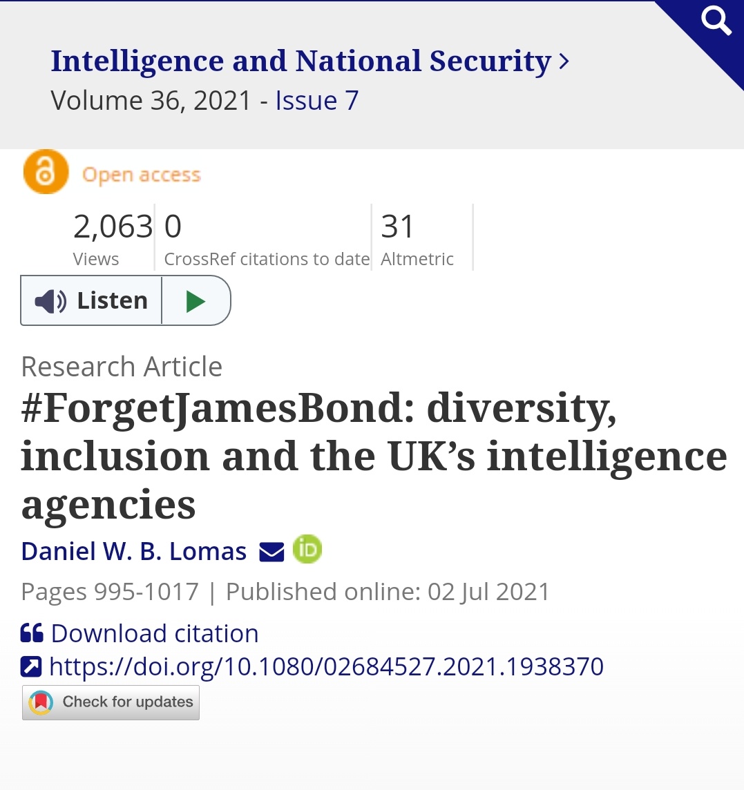 Brunel Politics History The Latest Edition Of Intelnatsecjnl Includes Sandbagger 01 S Latest Research On Diversity And Uk Intelligence Forgetjamesbond Diversity Inclusion And The Uk S Intelligence Agencies The Article