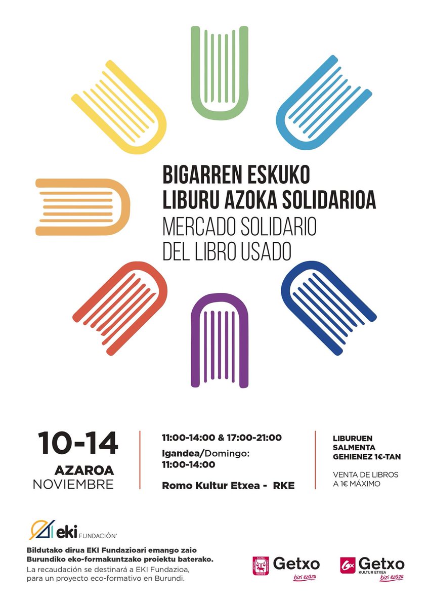 bibgetxo's tweet photo. 📢📢Badugu data Bigarren Eskuko Liburu Azoka Solidariorako. Urriaren 10etik 14ra izango da Romoko Kultur Etxean. Oraingoz, kartela utziko dizuegu hemen.
#MercadoSolidario #LibroUsado #Getxo #bibgetxo https://t.co/16vSPHYDpk