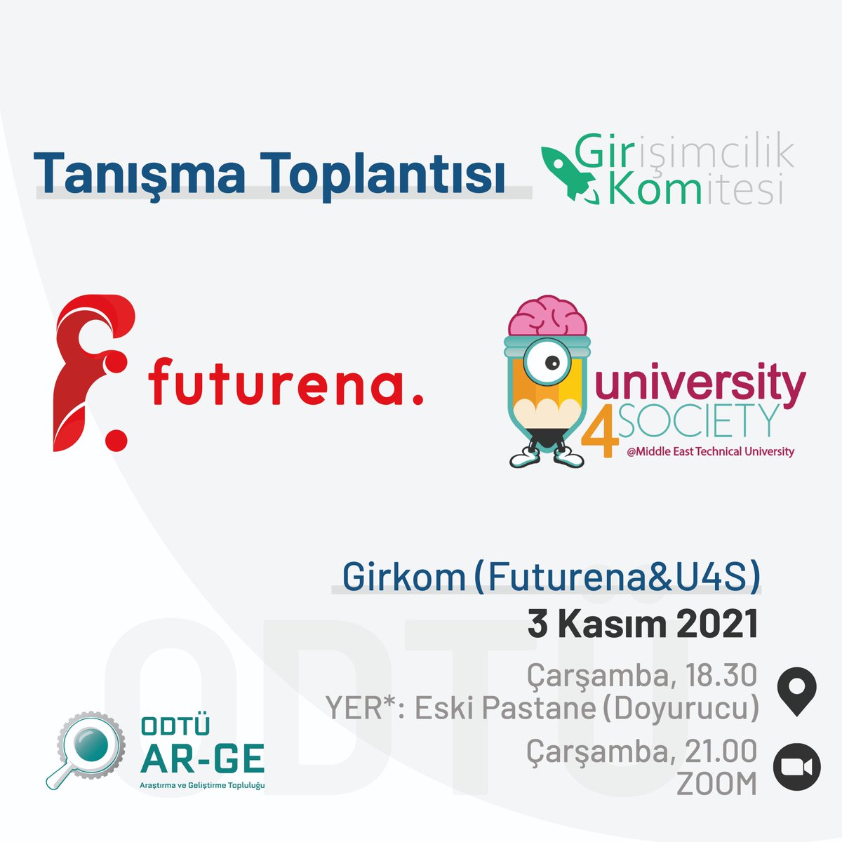 Girişimcilik Komitesi ekibine katılarak kendini geliştirmek ve unutulmaz deneyimler kazanmak istiyorsan seni 3 Kasım Çarşamba günü 18.30'ta Eski Pastane'de (Doyurucu) ardından da online olarak 21.00'de gerçekleşecek tanışma toplantımıza bekliyoruz! 🧡
