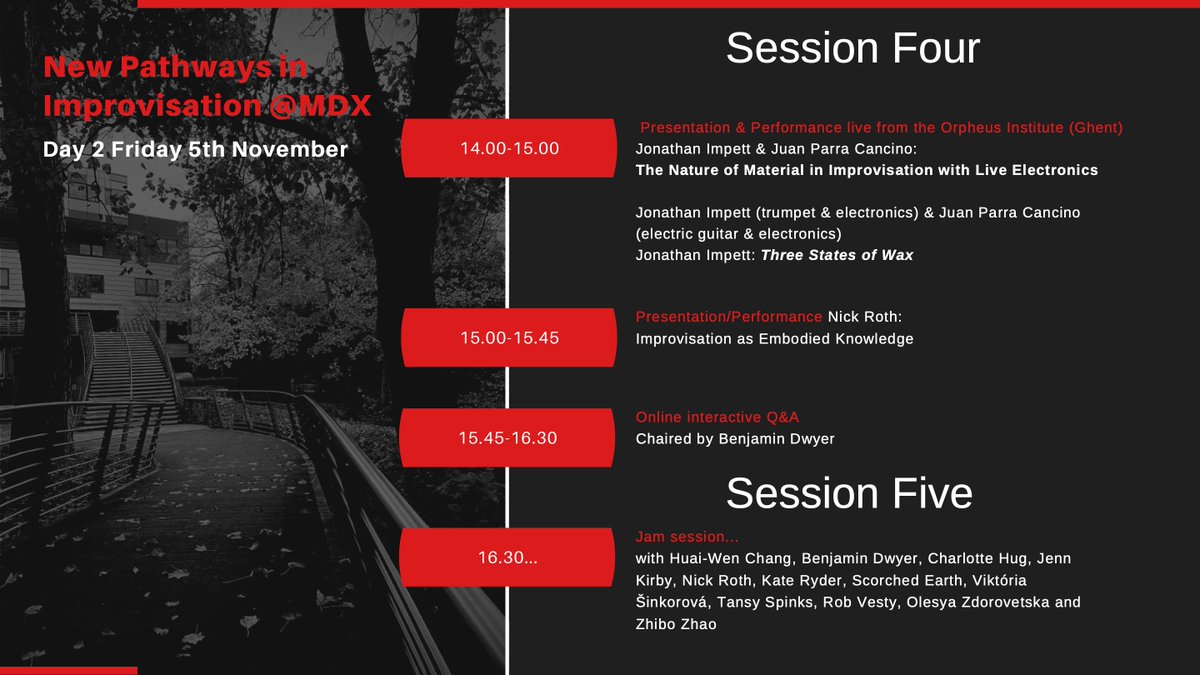 New Pathways in Improvisation @MDX (@pathways_in) on Twitter photo Tune in for Session Four and Five (5 Nov-14pm) of New Pathways in Improvisation@MDX. Featuring <a href="/JonathanImpett/">Jonathan Impett</a> <a href="/juanparra/">Juan Parra Cancino</a> <a href="/Kaiameye/">Nick Roth</a> <a href="/CharlotteHugArt/">Charlotte Hug</a> <a href="/dwyer_benjamin/">Benjamin Dwyer</a> @drjennkirby <a href="/InfoMusikate/">Kate Ryder</a> Scorched Earth, Viktoria Sinkorova, Tansy Spinks, @robvesty, Olesya Zdorovetska & Zhao Tune in for Session Four and Five (5 Nov-14pm) of New Pathways in Improvisation@MDX. Featuring <a href="/JonathanImpett/">Jonathan Impett</a> <a href="/juanparra/">Juan Parra Cancino</a> <a href="/Kaiameye/">Nick Roth</a> <a href="/CharlotteHugArt/">Charlotte Hug</a> <a href="/dwyer_benjamin/">Benjamin Dwyer</a> @drjennkirby <a href="/InfoMusikate/">Kate Ryder</a> Scorched Earth, Viktoria Sinkorova, Tansy Spinks, @robvesty, Olesya Zdorovetska & Zhao