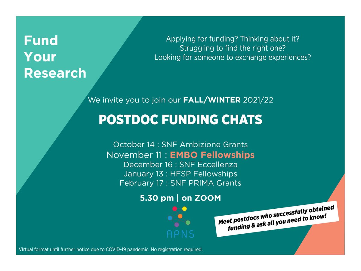 APNS_UNIL's tweet photo. It's that time again... Time for another #PostdocFundingChat ! In this one, we will be chatting about @EMBO Long-Term Fellowships with two EMBO fellows at @unil : #InรชsBarbosa and #AnaxiHoubaert.
We're looking forward to seeing you there!
๐Nov 11 (Thu), 5.30pm CET on ZOOM https://t.co/QAyailZgFK