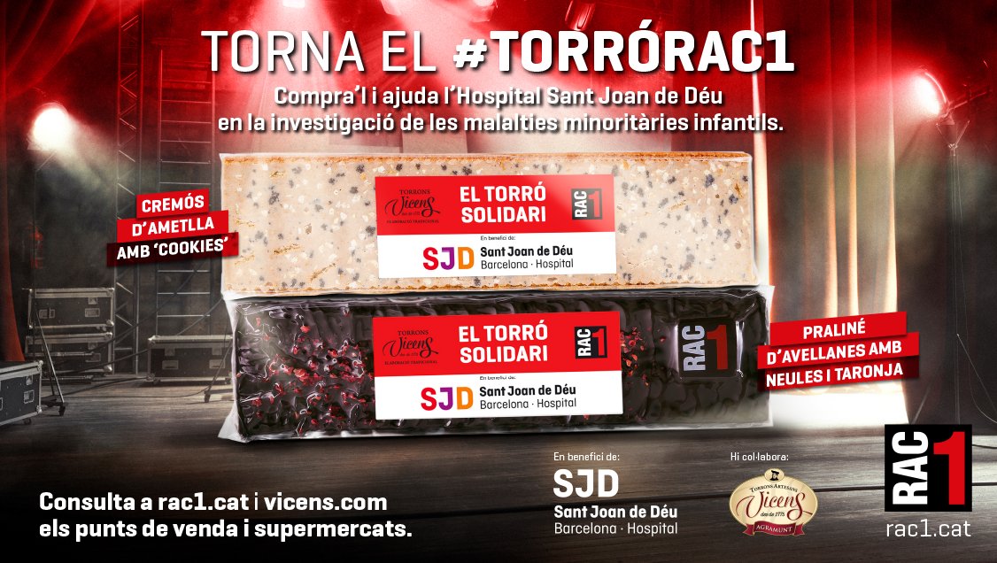 SJDbarcelona_es's tweet photo. 😋 Delicioso y solidario. Así es el Torró Solidari de @rac1 y @TorronsVicens y ¡ya está a la venta!
👏 En 7 ediciones el #TorroRAC1 ha recaudado 1.218.521 € para investigar enfermedades minoritarias y desde hace 2 años al #ProyectoBrain🧠de @SJDbarcelona_es. https://t.co/1gw6sxdkOI