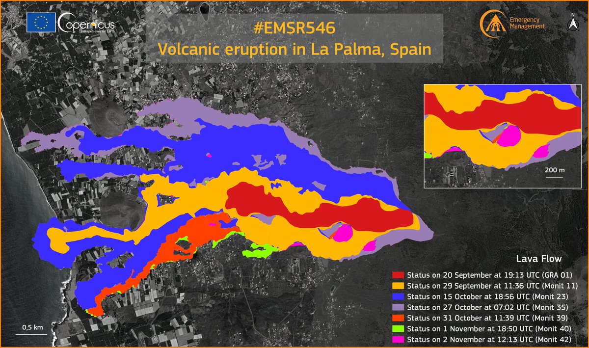 RT @CopernicusEMS: #EMSR546 #ErupciónLaPalma #CumbreVieja

Our #RapidMappingTeam has released its  4⃣2⃣nd updated map

It is based on @AirbusSpace
As of 2 November at 12:13 UTC:
▶️Extent of the lava flow: 997.9 ha (+10.0 ha in ~17h)
