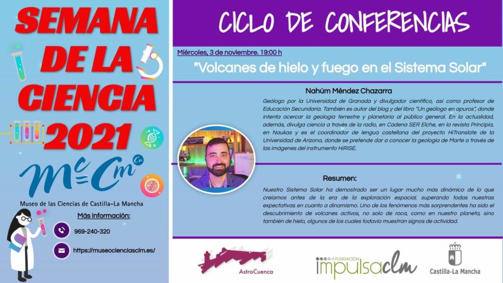 astrocuenca's tweet photo. Segundo día del XI Ciclo de Conferencias "La Diversidad de la Astronomía". Hoy es el turno del geólogo y divulgador científico Nahúm Méndez Chazarra (@geologoenapuros). Será a las 19:00h en el MCCM.Y si no puedes venir, puedes seguirla en streaming. +Info: https://t.co/YQKIvNkorj https://t.co/UqPDUZl3j5