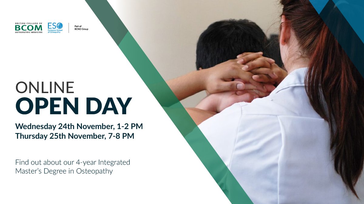 ESOMaidstone's tweet photo. Want to learn more about a career as an osteopath and studying a Masters in Osteopathy?
Attend one of our online events to find out more: 
Wed 24 Nov @ 1pm  &amp; Thurs 25th Nov @ 7pm
To book: https://t.co/AbBURm5rI1
#osteopathy #manualtherapy #NHSCareers #alliedhealthprofessionals https://t.co/foZm94mQHi