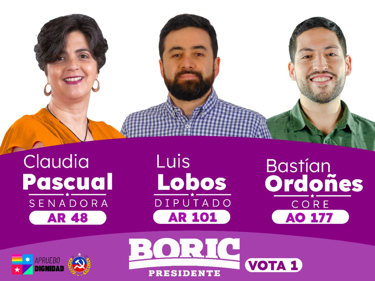 PCZonaSurRM's tweet photo. En este 21 de noviembre, te invitamos a ser parte de los cambios y participar de manera activa en la creación de un Nuevo Chile.
⭕1 - Gabriel Boric PRESIDENTE
⭕AR48 - Claudia Pascual SENADORA
⭕AR101 - Luis Lobos DIPUTADO
⭕AO176 - Bastian Ordoñes CONSEJERO REGIONAL https://t.co/AY5DW9GkpA