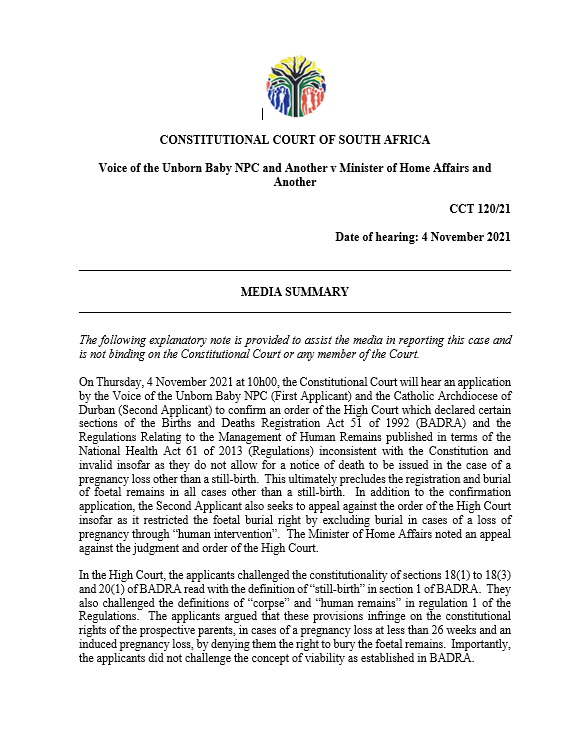 ConCourtSA's tweet photo. (2/2) insofar as they do not allow for a notice of death to be issued in the case of a pregnancy loss other than a still-birth?
Voice of the Unborn Baby v Min of Home Affairs
Tomorrow’s hearing will be streamed at: 
https://t.co/T49z3Fhu11 https://t.co/zxDzhiDa5H