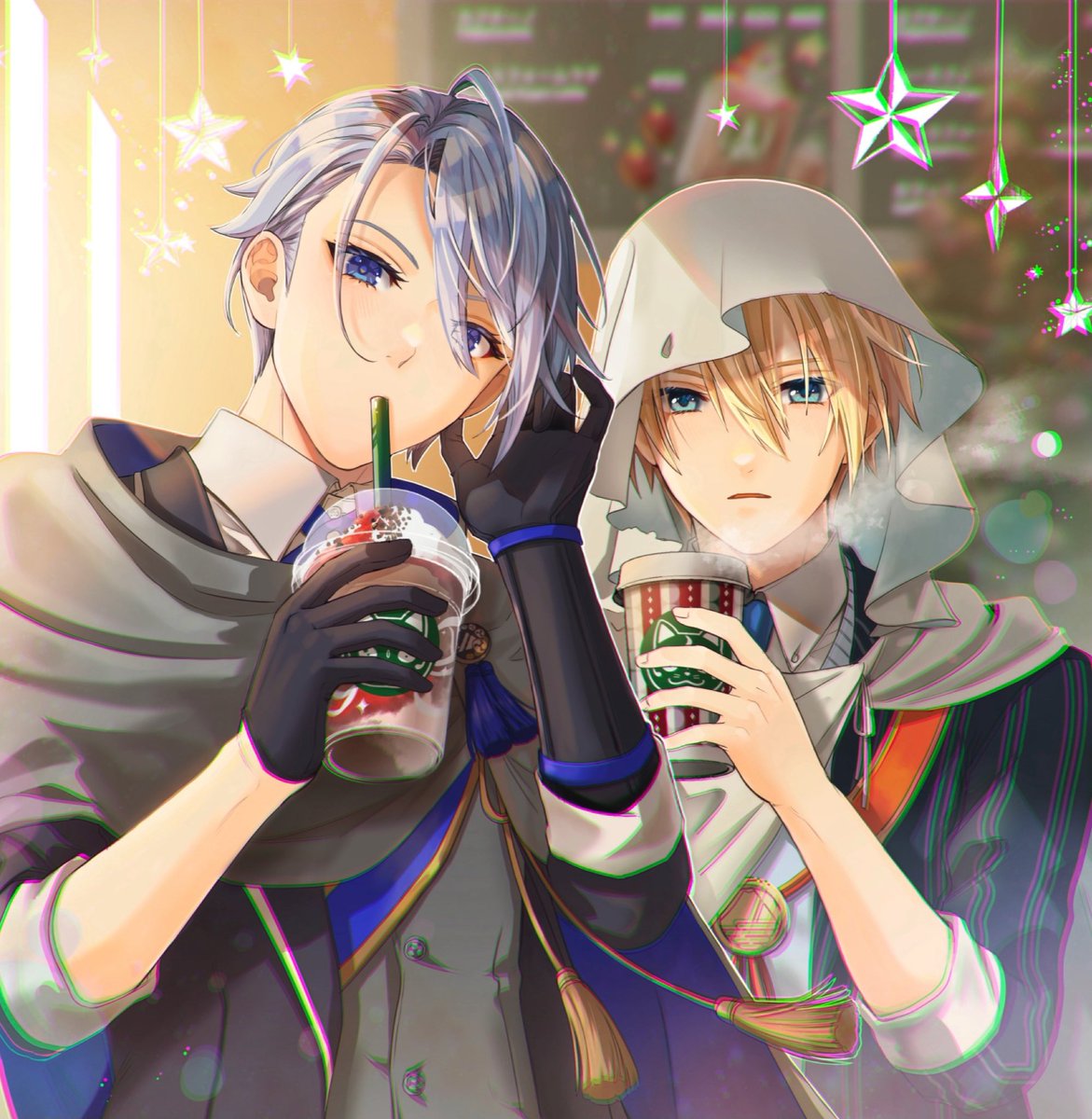 multiple boys 2boys male focus blue eyes gloves blonde hair disposable cup  illustration images