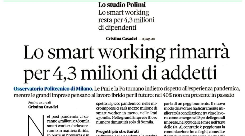 Jointlywelfare's tweet photo. Oggi la presentazione dei dati  #OssSmartWorking : quest’anno siamo sponsor, per contribuire a ragionare sul #lavoro del futuro e come il #lavoroibrido impatterà sul #benessere organizzativo e personale #newwaysofworking #welfareaziendale . I dati sul @sole24ore https://t.co/WZ1grMt8sy